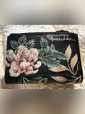 Anuschka Black Floral Leather Wallet with Pink & Green Accents RFID